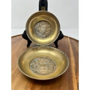 Vintage Brass Trinket Dish Set Korea Embossed Crane Deer Asian Decor